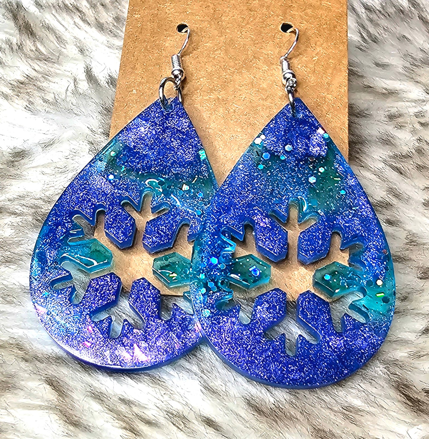Blue Glitter Snowflake Teardrop Dangle Earrings