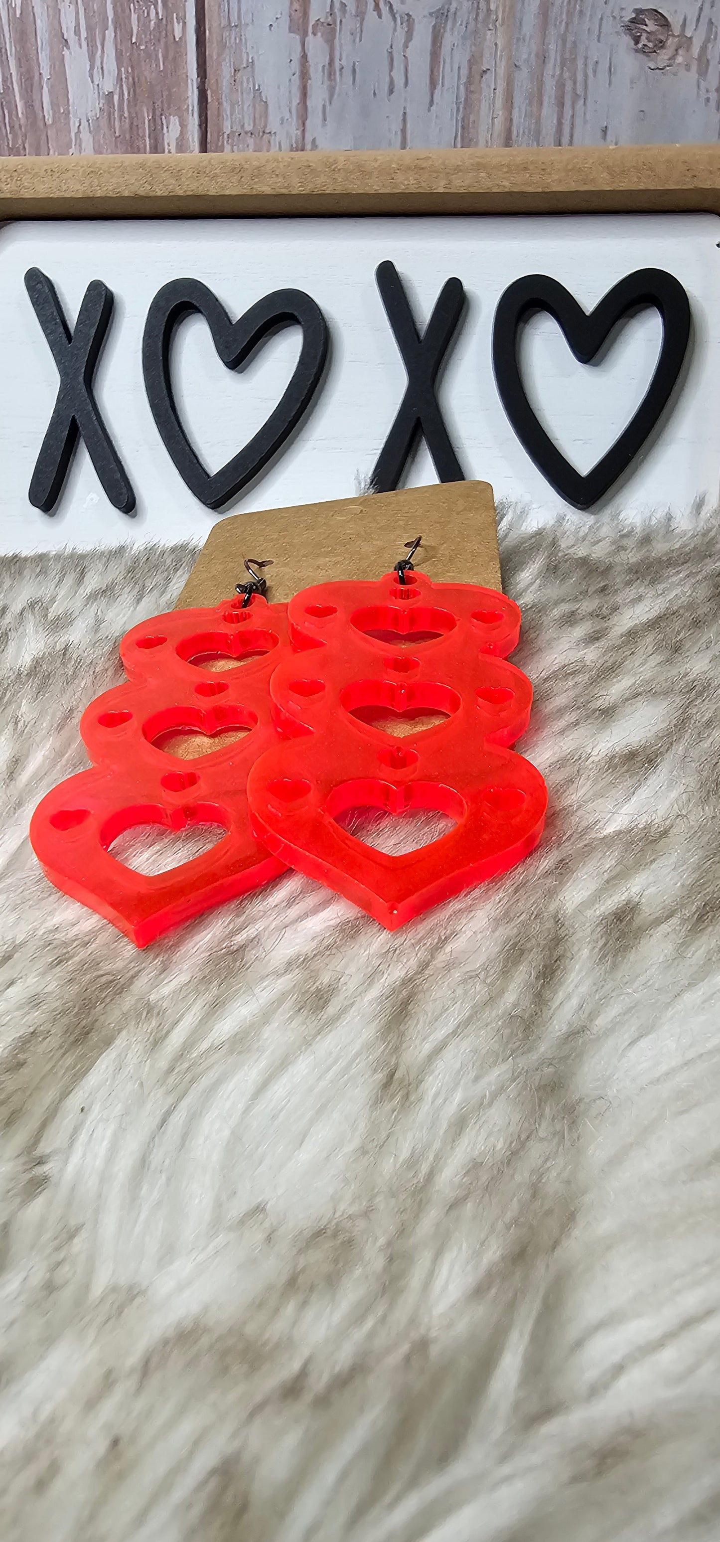 Red Triple Heart Statement Dangle Earrings