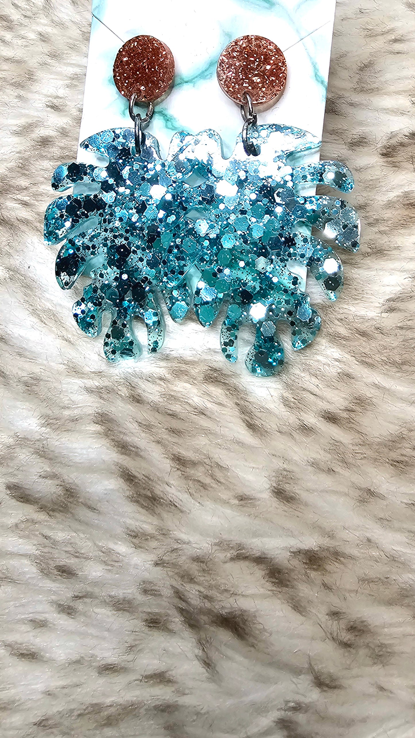 Teal Glitter Coral Monstera Earrings