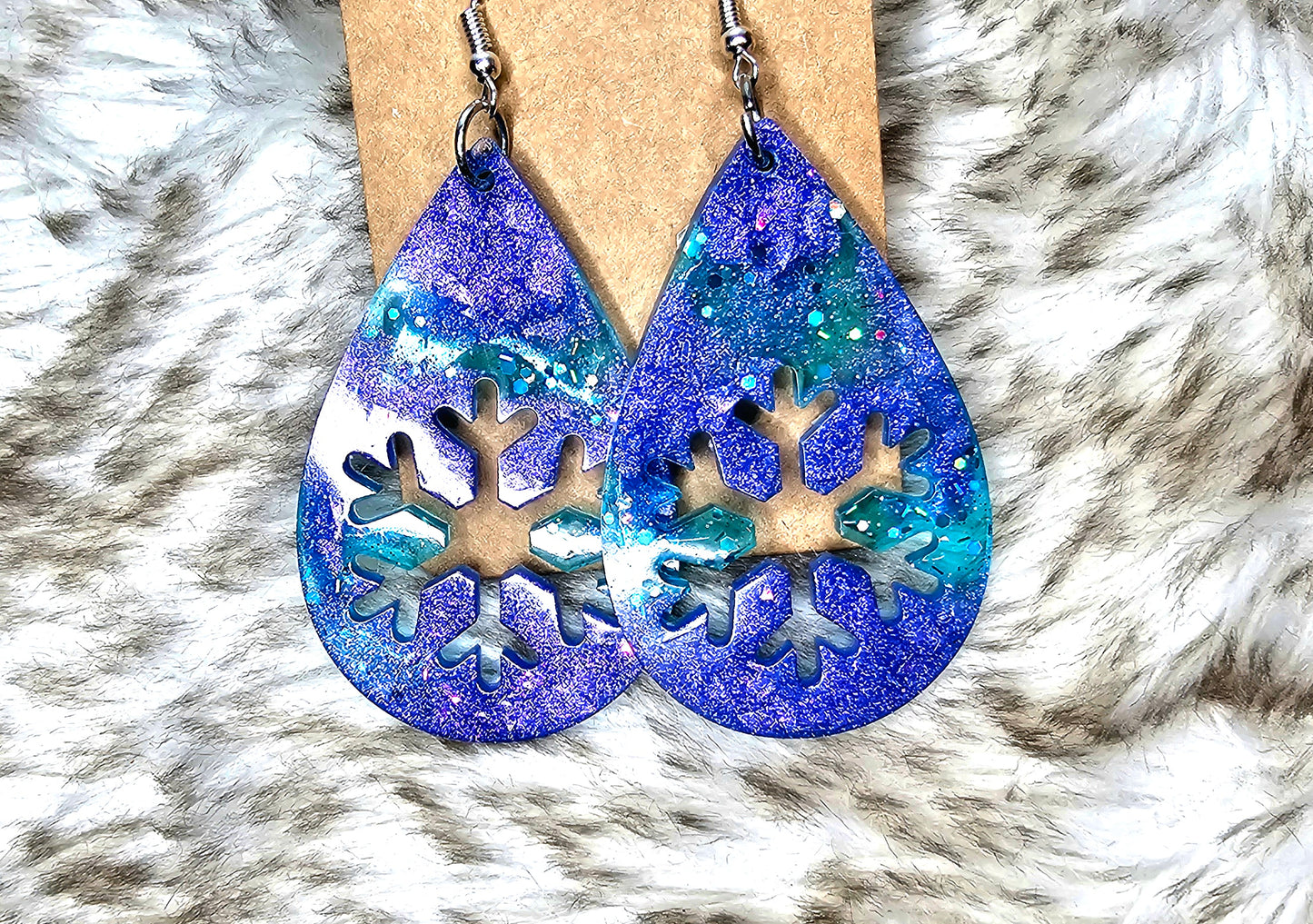 Blue Glitter Snowflake Teardrop Dangle Earrings