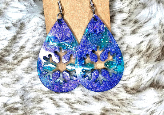Blue Glitter Snowflake Teardrop Dangle Earrings