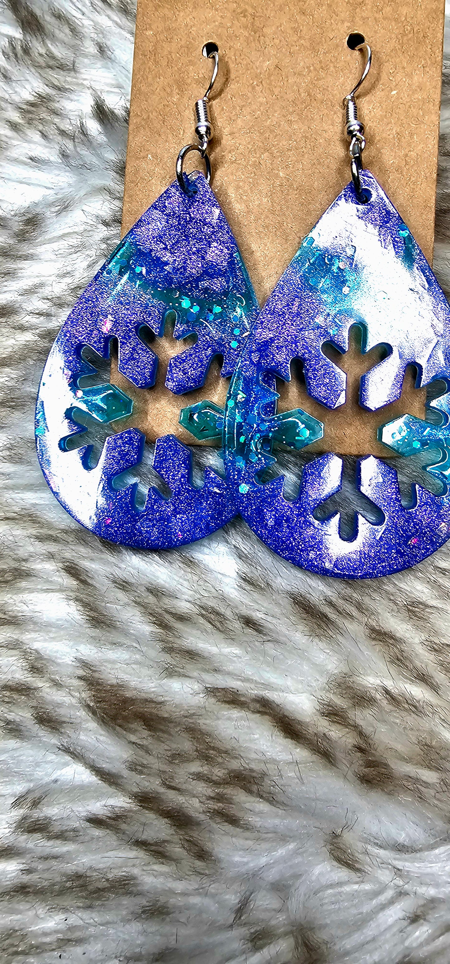 Blue Glitter Snowflake Teardrop Dangle Earrings