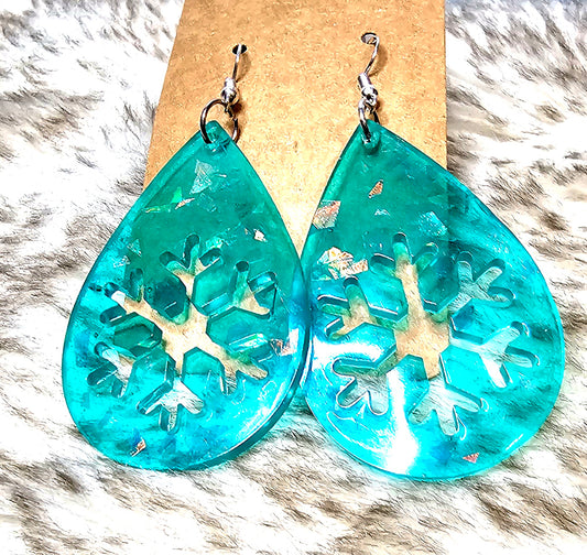 Teal Snowflake Teardrop Earrings