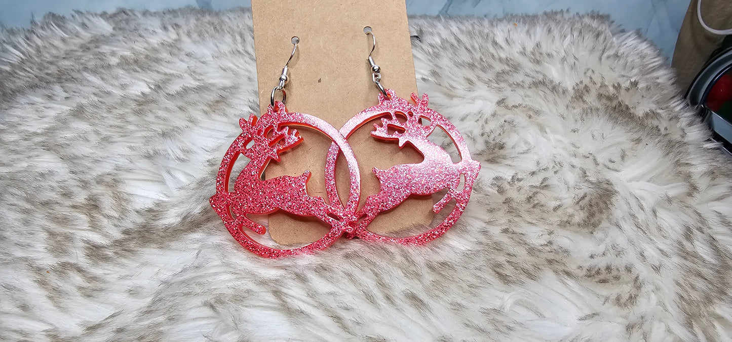 Red Glitter Reindeer Christmas Statement Earrings