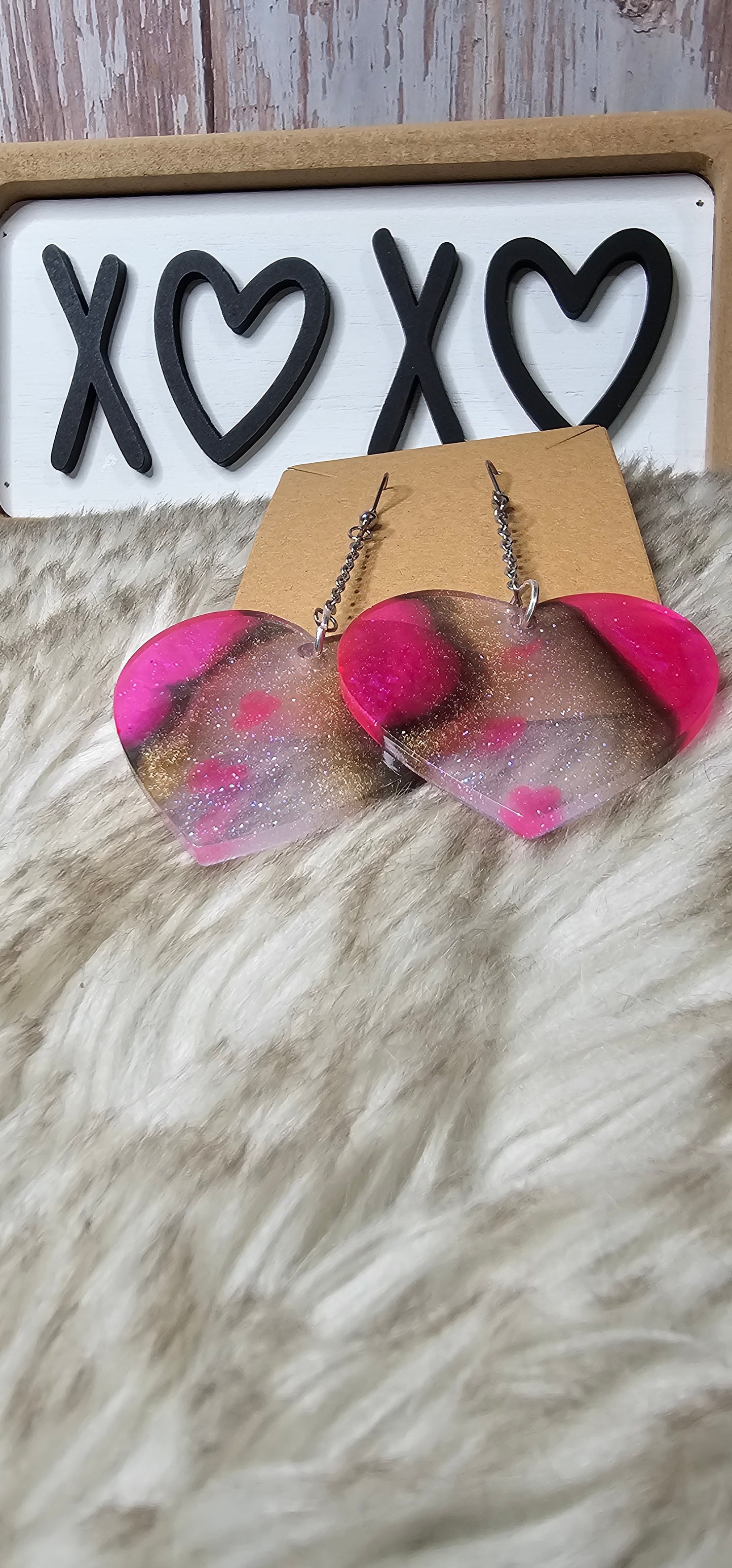 Pink/gold Marble Glitter Heart dangles