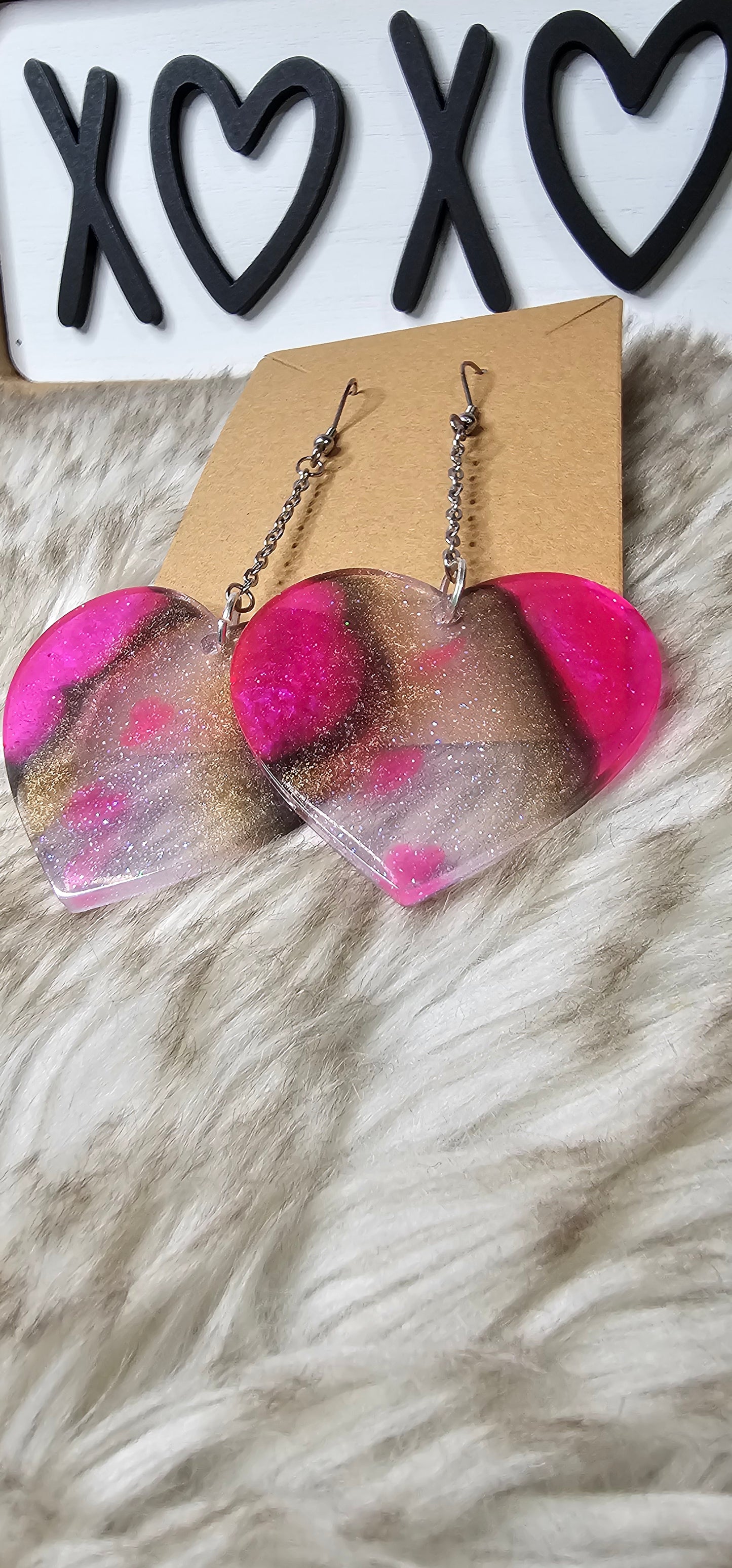 Pink/gold Marble Glitter Heart dangles