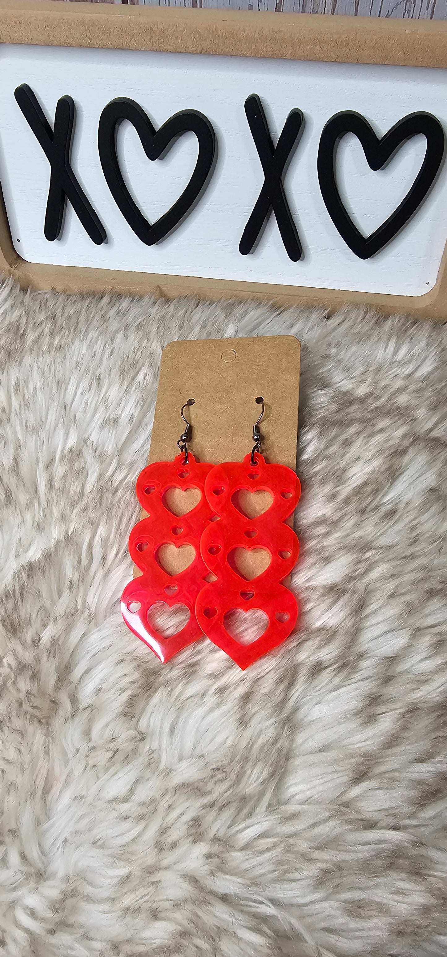Red Triple Heart Statement Dangle Earrings