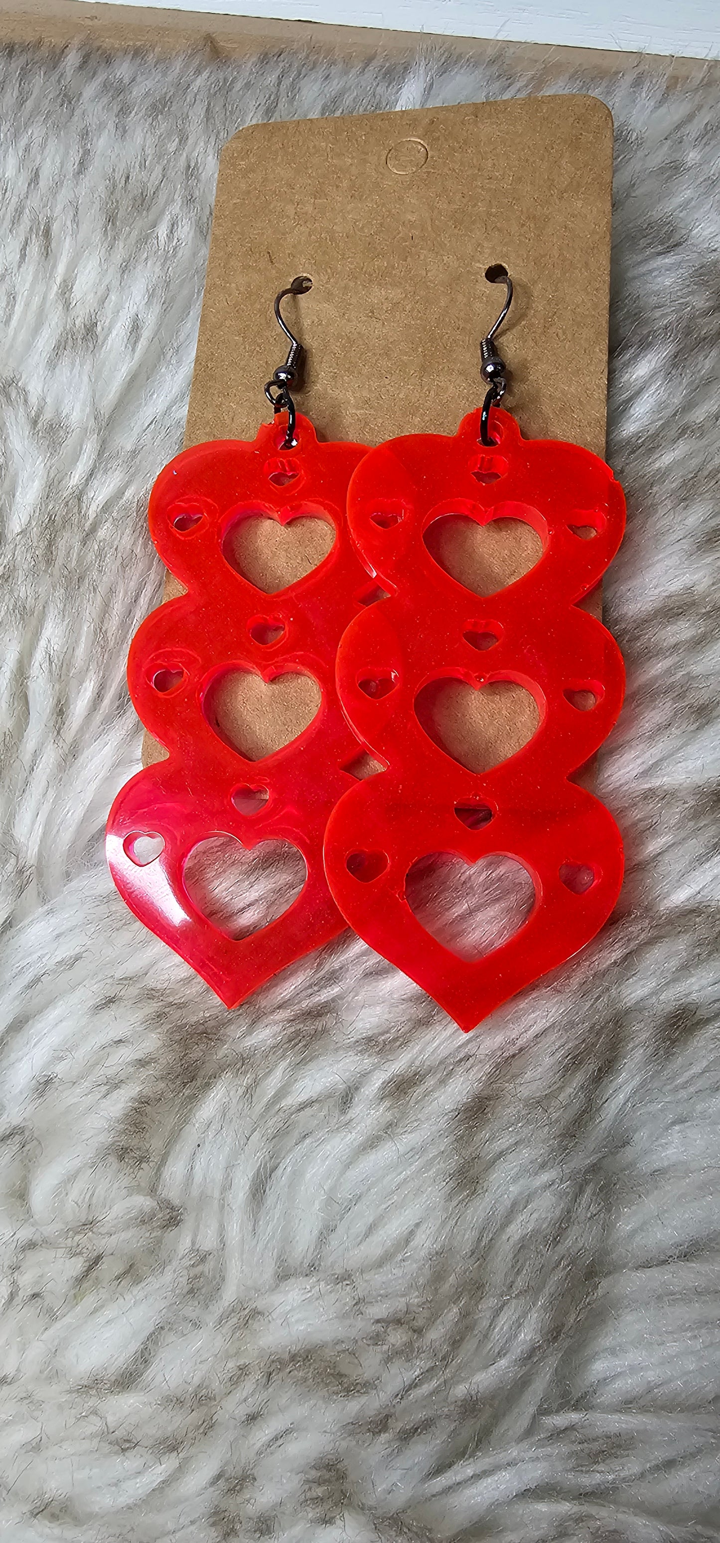 Red Triple Heart Statement Dangle Earrings